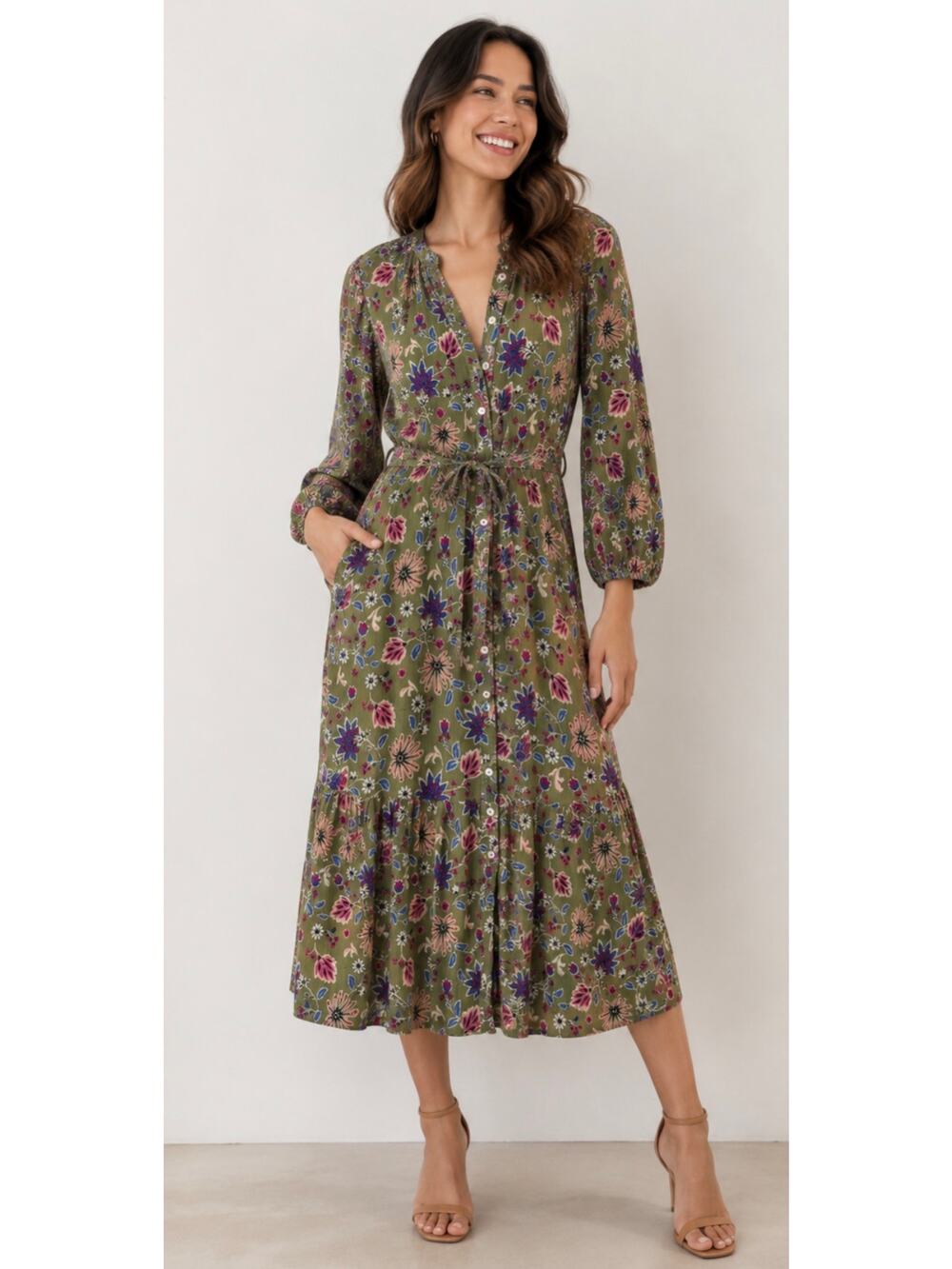 Olivia James The Label Green Floral Midi Dress Size XS